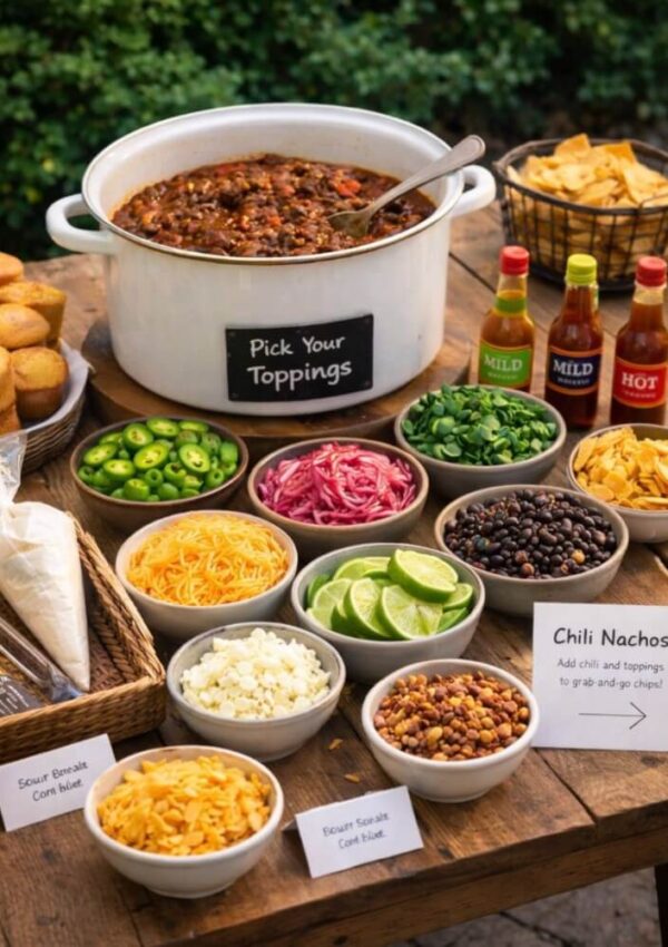 A chili nacho bar with a pot of chili, tortilla chips, cornbread, sauces, and bowls of toppings like cheese, jalapeños, onions, cilantro, black beans, lime wedges, and pickled onions on a table outdoors.