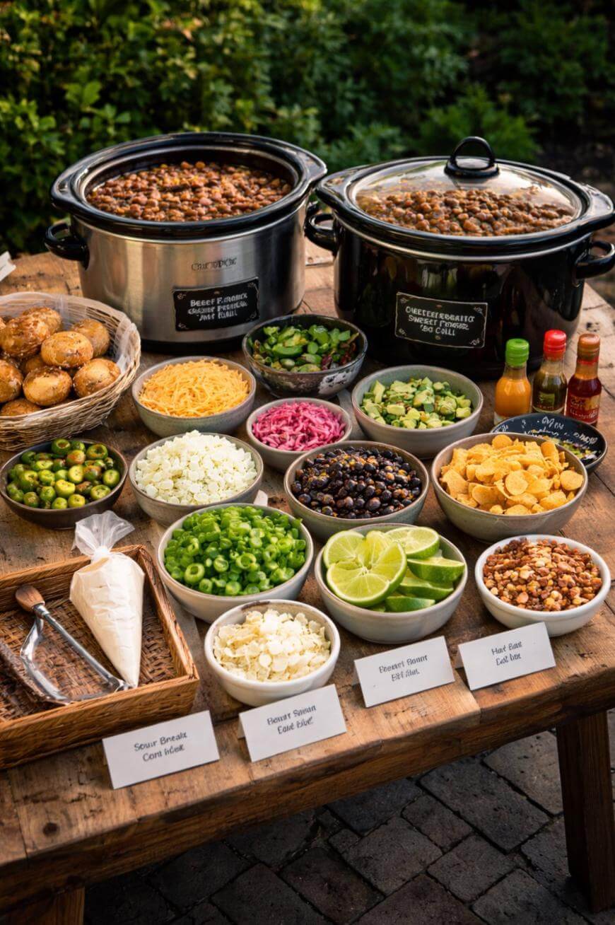 A rustic wooden table displays two slow cookers filled with chili, surrounded by bowls of baked potatoes, cheese, onions, olives, beans, limes, corn chips, sauces, and various chili toppings outdoors.