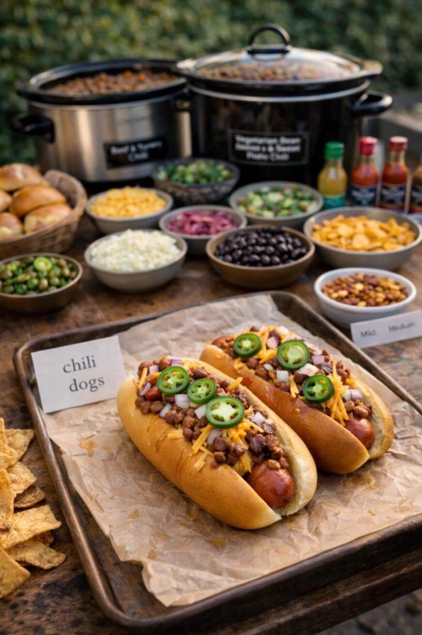 A tray with two chili dogs topped with shredded cheese, chopped onions, and sliced jalapeños sits on a table surrounded by bowls of various toppings, sauces, and slow cookers of chili. A label reads chili dogs.