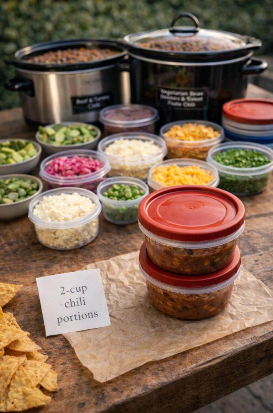 A wooden table displays slow cookers of chili, containers of toppings like cheese, onions, and jalapeños, two small containers of chili stacked in front, tortilla chips, and a sign reading 2-cup chili portions.