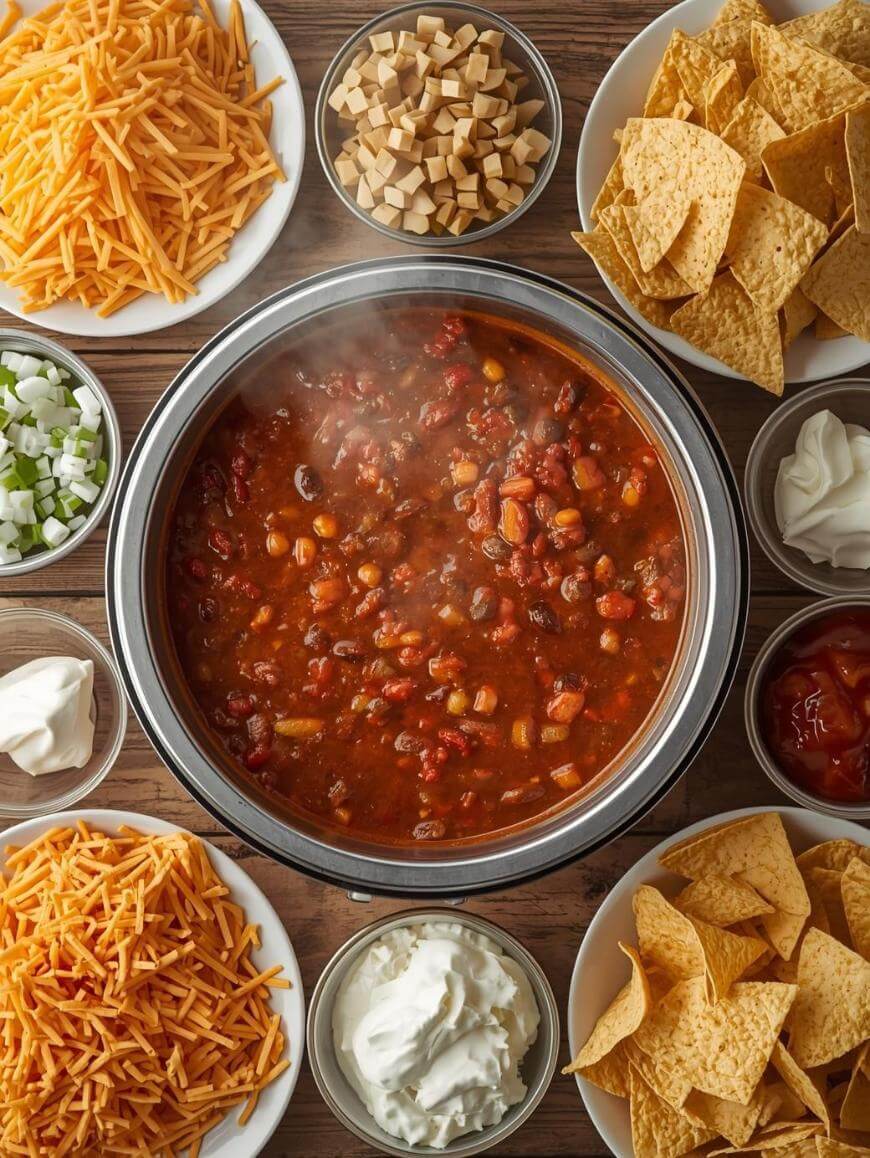 A bowl of chili surrounded by toppings including shredded cheese, diced chicken, tortilla chips, sour cream, diced green onions, and salsa, all arranged on a wooden table.