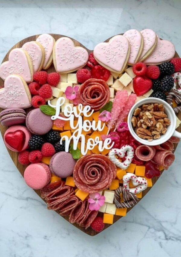 A heart-shaped charcuterie board with pink heart cookies, macarons, berries, cheese cubes, salami roses, nuts, and a sign reading Love You More in the center, arranged on a white marble surface.