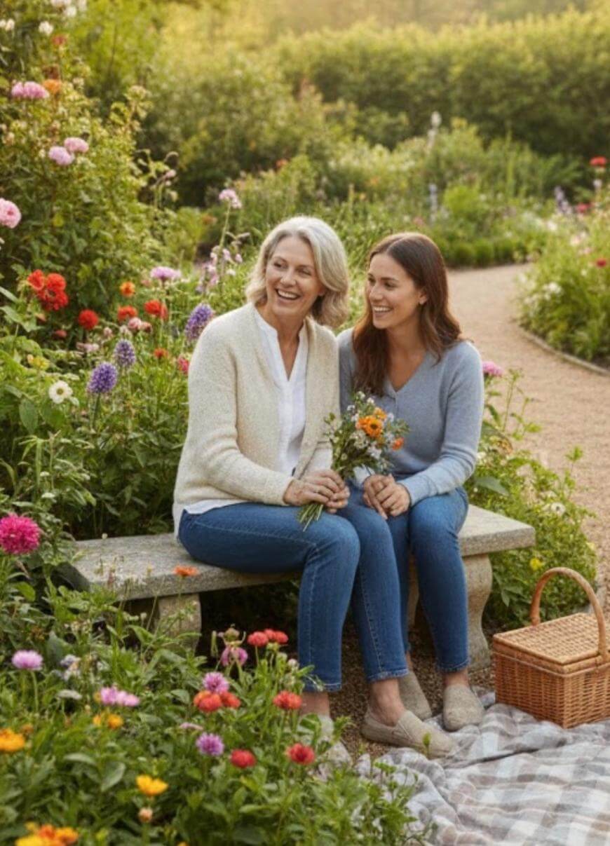 Two women sit on a stone bench in a vibrant garden, smiling and holding flowers. A picnic basket sits on the ground nearby, and colorful blooms surround them on a sunny day.