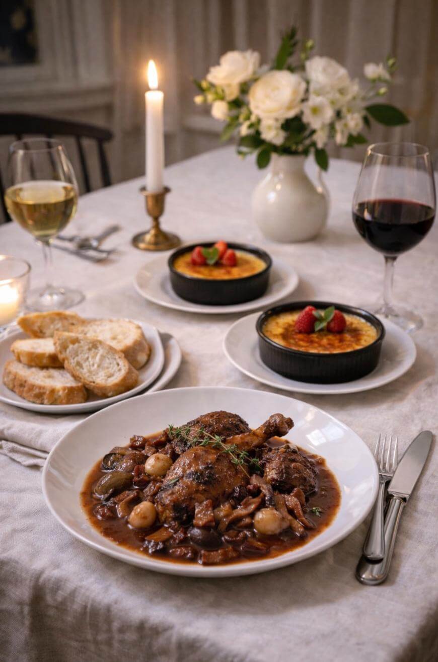 A white tablecloth set with a plate of braised chicken stew, two crème brûlées garnished with berries, slices of bread, a glass of white wine, a glass of red wine, a lit candle, and a vase of white flowers.