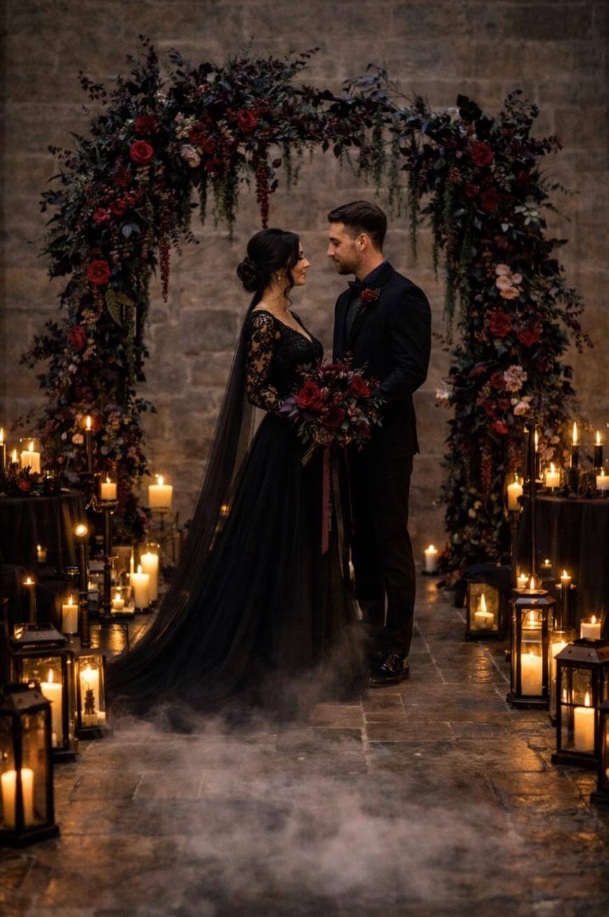 A couple in black wedding attire stands beneath a dark, floral arch surrounded by candles and lanterns, gazing at each other on a misty stone floor in a moody, romantic setting.