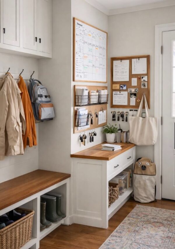 A tidy mudroom with a built-in bench, storage cabinets, hooks holding coats and backpacks, wall-mounted organizers with calendars and mail slots, and a tote bag hanging by a white door.