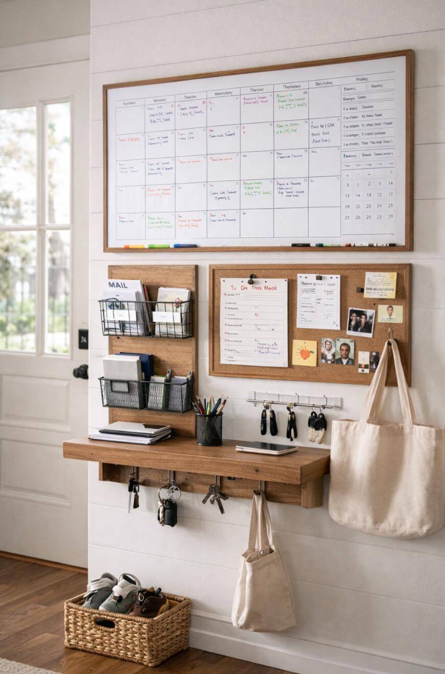 A wall organizer with a large whiteboard calendar, corkboards with notes, baskets for mail, hooks for keys and bags, a wooden shelf with trays, and a basket with shoes below, all near a door in a tidy entryway.