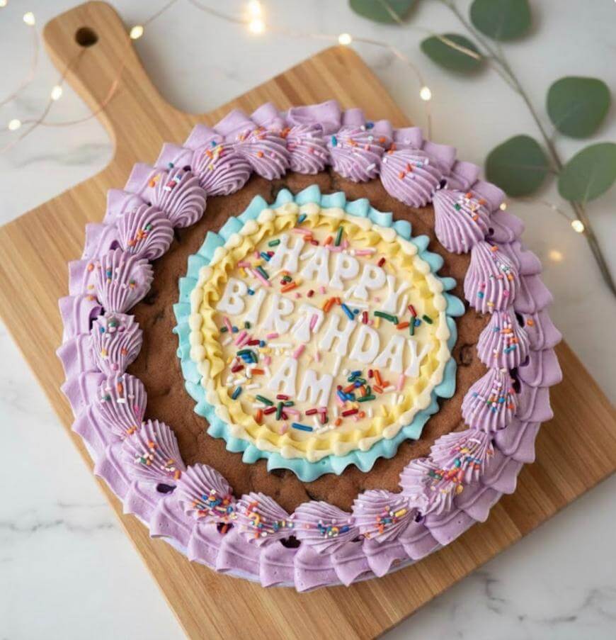A round cake with purple and yellow frosting, topped with colorful sprinkles and the message HAPPY BIRTHDAY FAM in white letters, sits on a wooden board with green leaves and fairy lights nearby.
