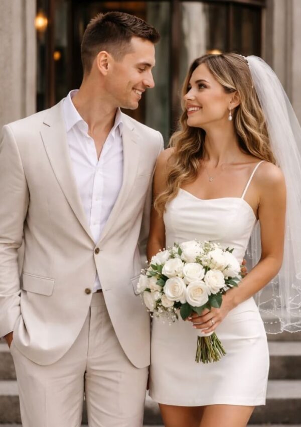 A bride in a white dress and veil holds a bouquet of white roses, smiling at a groom in a light suit. They stand close together outdoors, looking happily at each other.