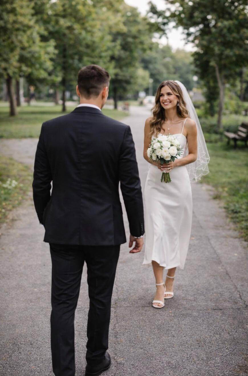 A bride in a white dress and veil, holding a bouquet, smiles as she approaches a groom in a black suit on a tree-lined park path.