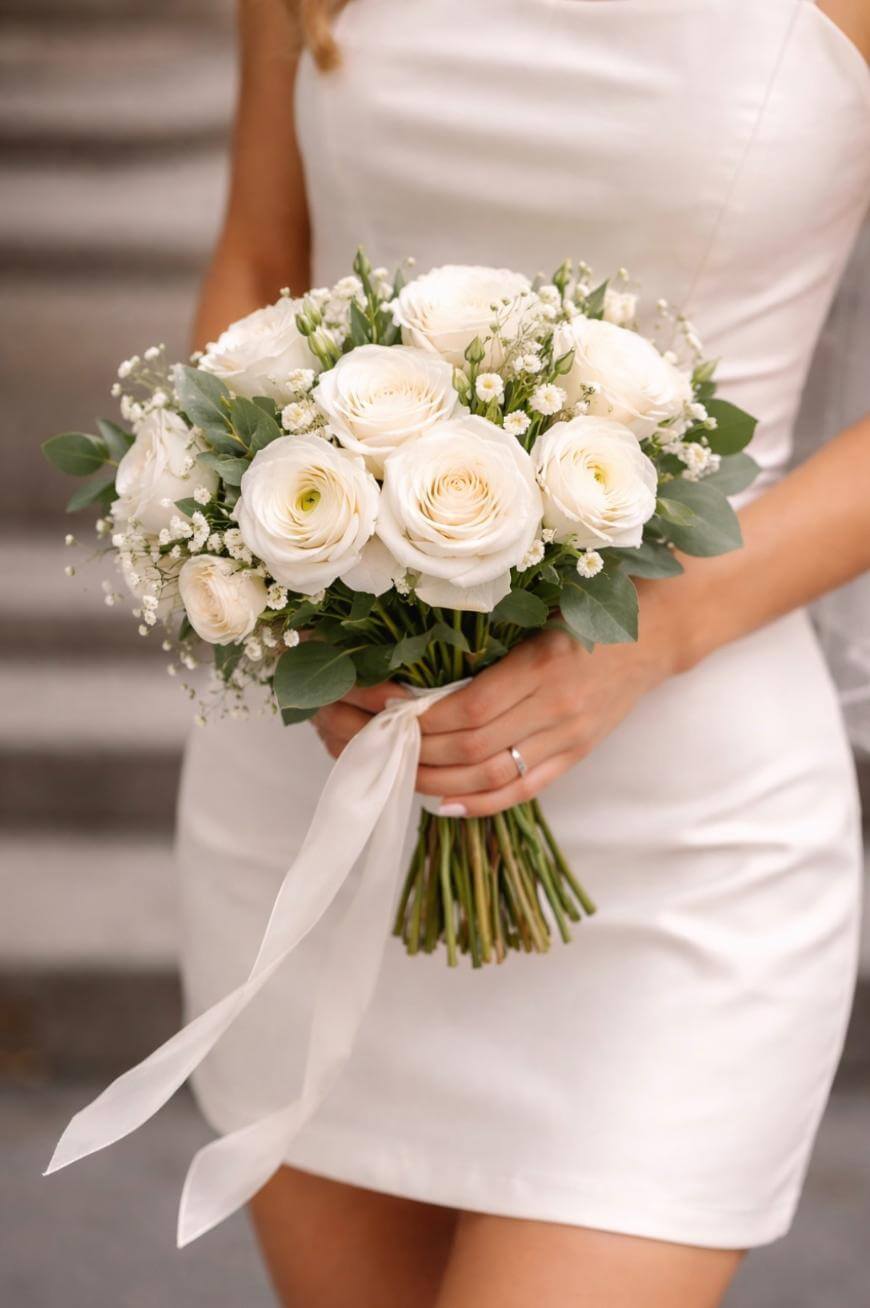 A woman in a white dress holds a bouquet of white roses, babys breath, and greenery, tied with a long white ribbon. Only her torso and hands are visible.