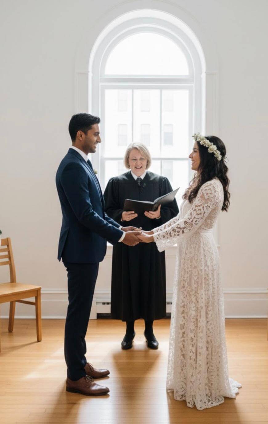 A couple stands facing each other, holding hands during their wedding ceremony, with a smiling officiant in a black robe standing behind them in front of a bright arched window.
