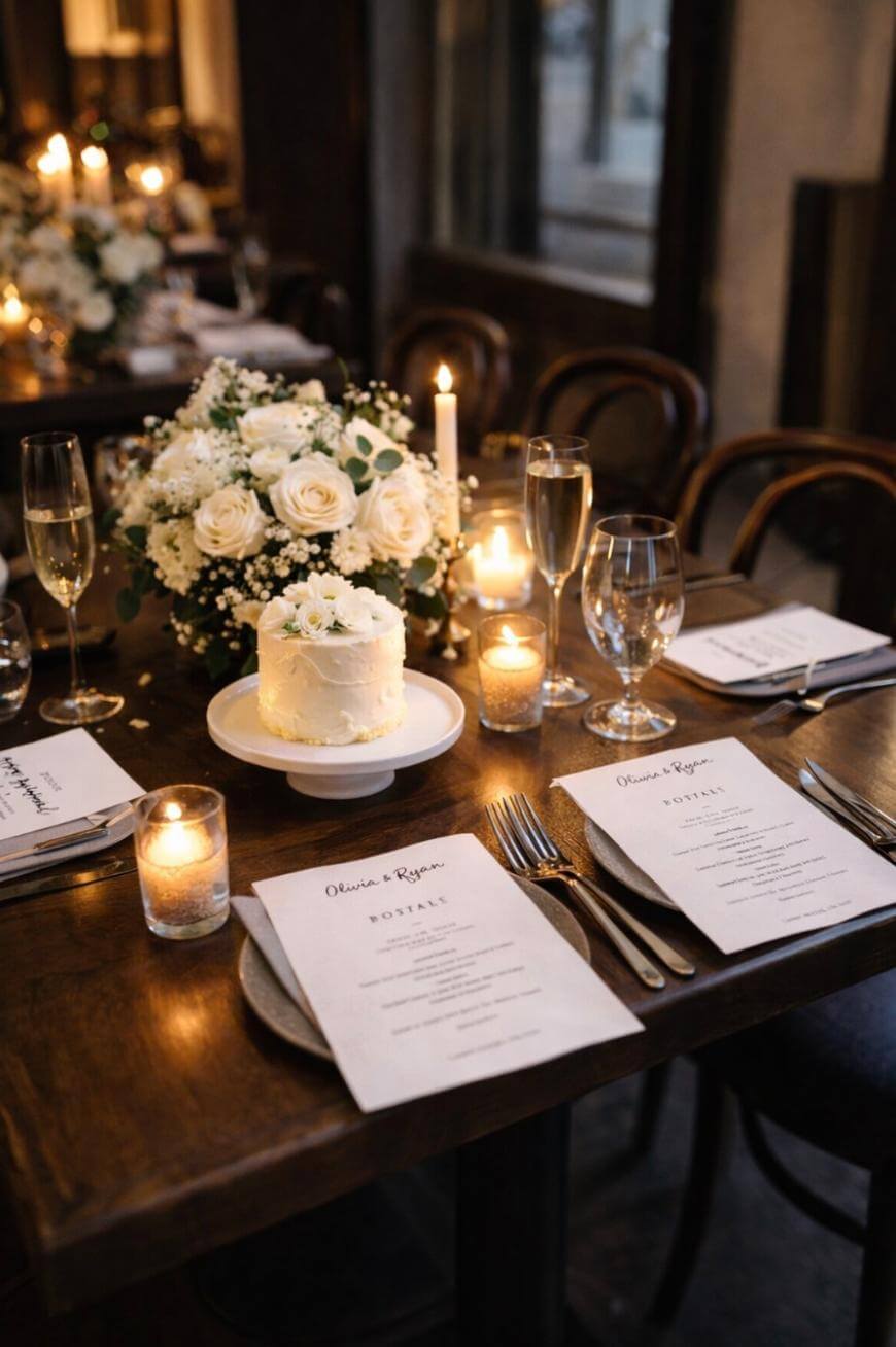 A beautifully set dinner table with menus, wine glasses, candles, a small white cake, and a floral centerpiece of white roses and greenery, creating an elegant, romantic atmosphere.