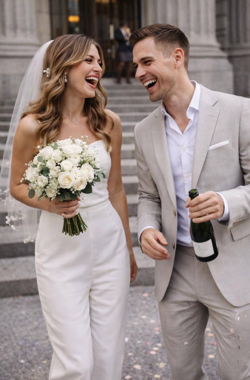 A smiling bride in a white jumpsuit holding a bouquet of white flowers stands beside a groom in a light suit holding a bottle, both laughing on stone steps outside a formal building.