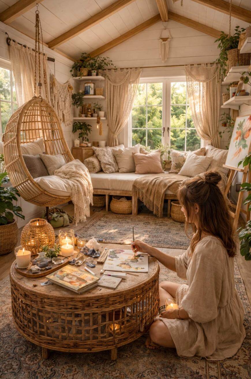 A woman sits on the floor painting at a round wicker coffee table in a cozy, sunlit living room with neutral tones, a hanging chair, lush plants, candles, and soft textiles. Large windows overlook greenery outside.