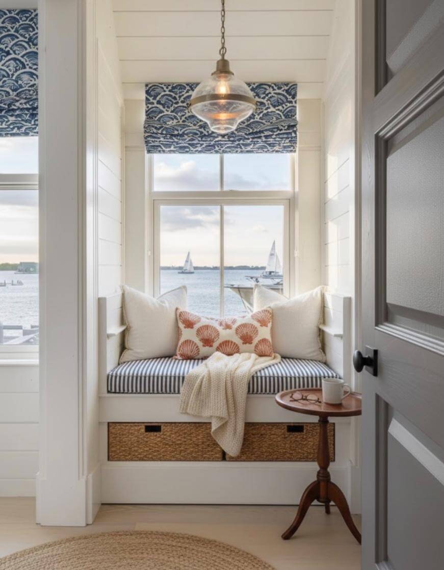 A cozy window nook with striped cushions, throw pillows, a blanket, and a round side table overlooks a scenic waterfront with sailboats, under a decorative pendant light and patterned roman shades.