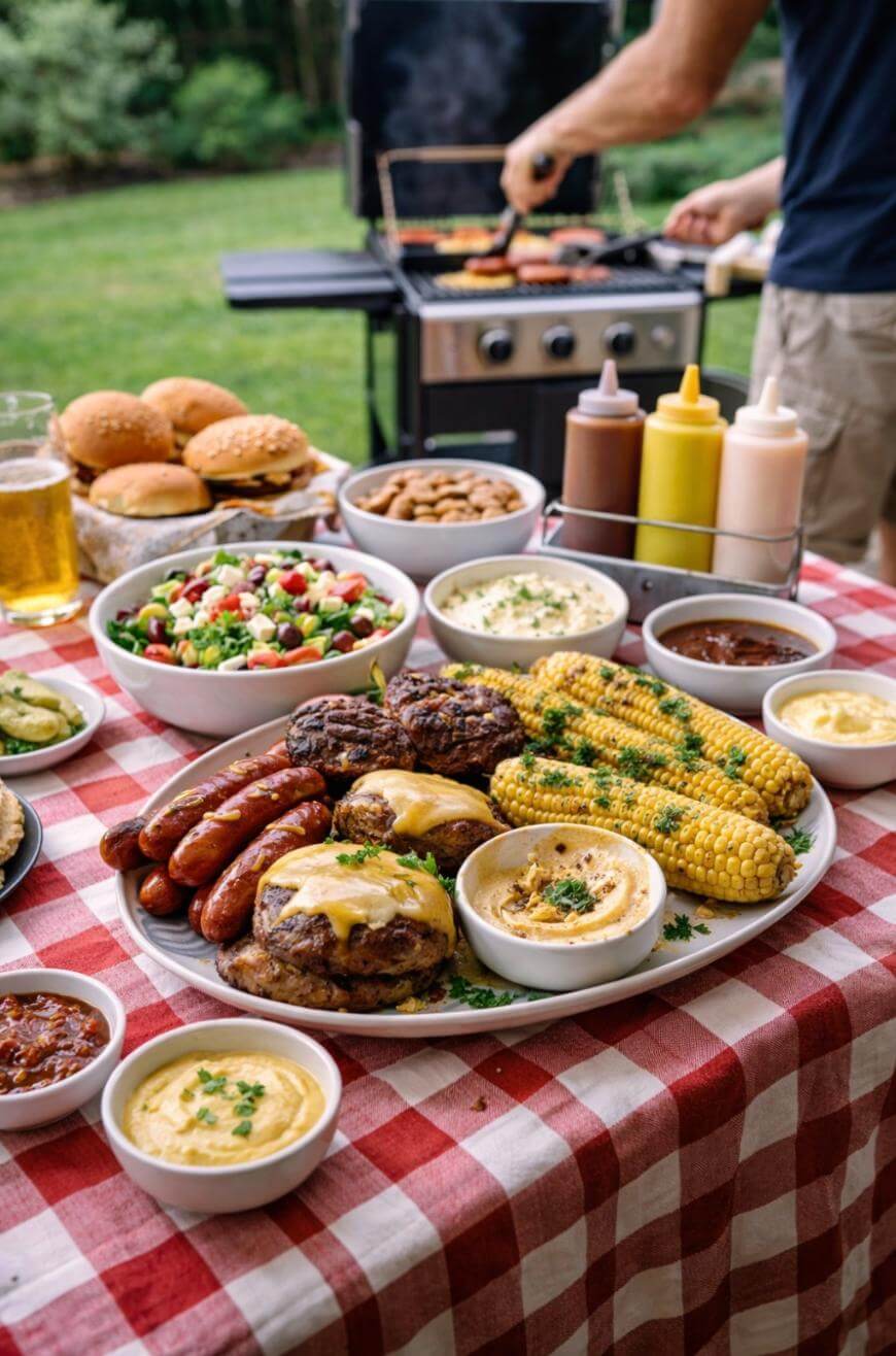 A picnic table with a red and white checkered cloth holds burgers, sausages, corn on the cob, salad, sauces, buns, and drinks. In the background, a person grills food outdoors.