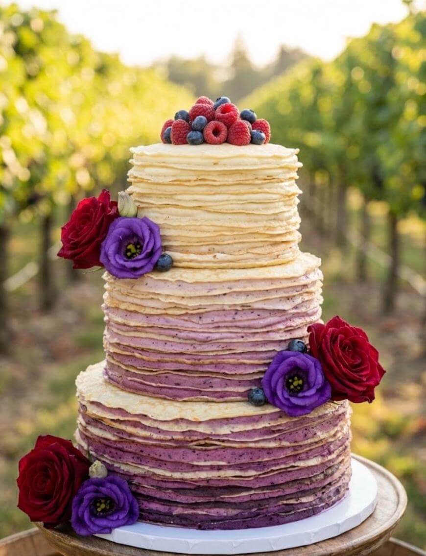 A three-tiered cake with ombre purple and cream ruffled frosting, topped with fresh berries and decorated with red and purple flowers, set outdoors in a vineyard.