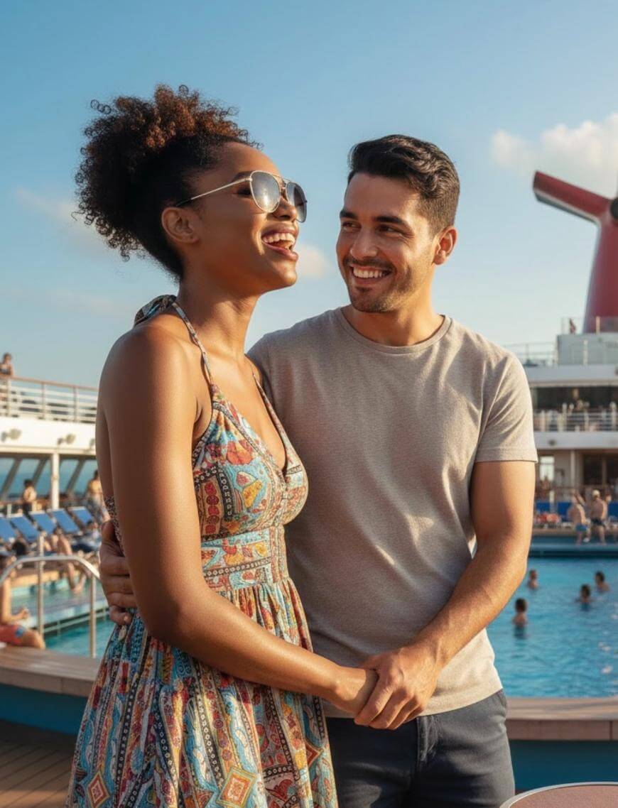 A smiling couple stands by a pool on a cruise ship, holding hands. The woman wears sunglasses and a patterned dress, while the man wears a light t-shirt. People swim in the pool and the sky is clear and sunny.
