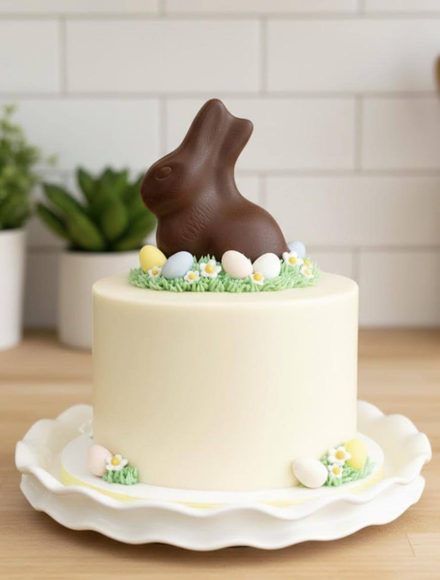 A white frosted cake is topped with a chocolate bunny, pastel candy eggs, and green frosting grass. Small candy eggs and flower decorations are on the cake’s base. The cake sits on a white platter with a scalloped edge.