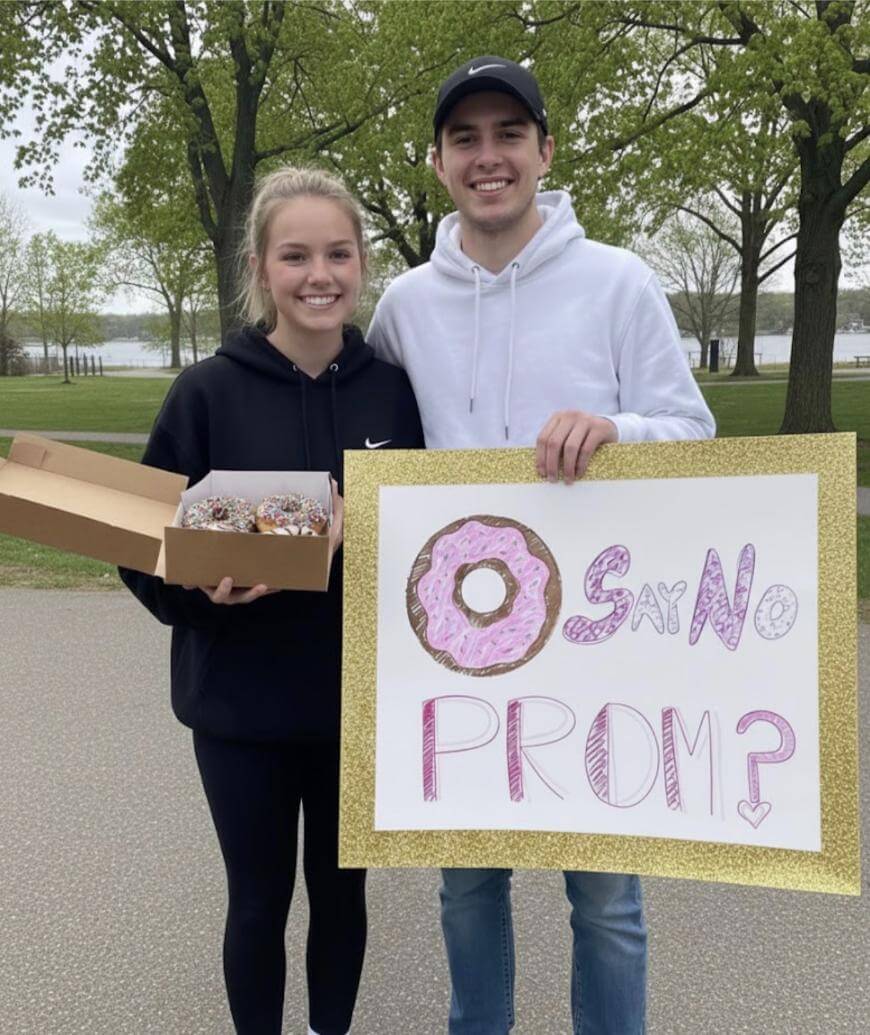 Two smiling teenagers stand outdoors. The girl holds a box of donuts, and the boy holds a decorated sign with a donut drawing that reads, Donut Say No — Prom? Trees and a lake are visible in the background.