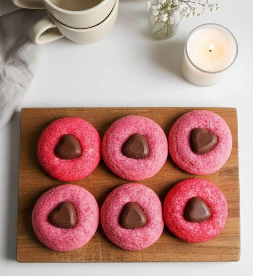 Six pink cookies with heart-shaped chocolate centers are arranged on a wooden board. In the background, there are stacked white cups, a candle, and a small vase with white flowers.