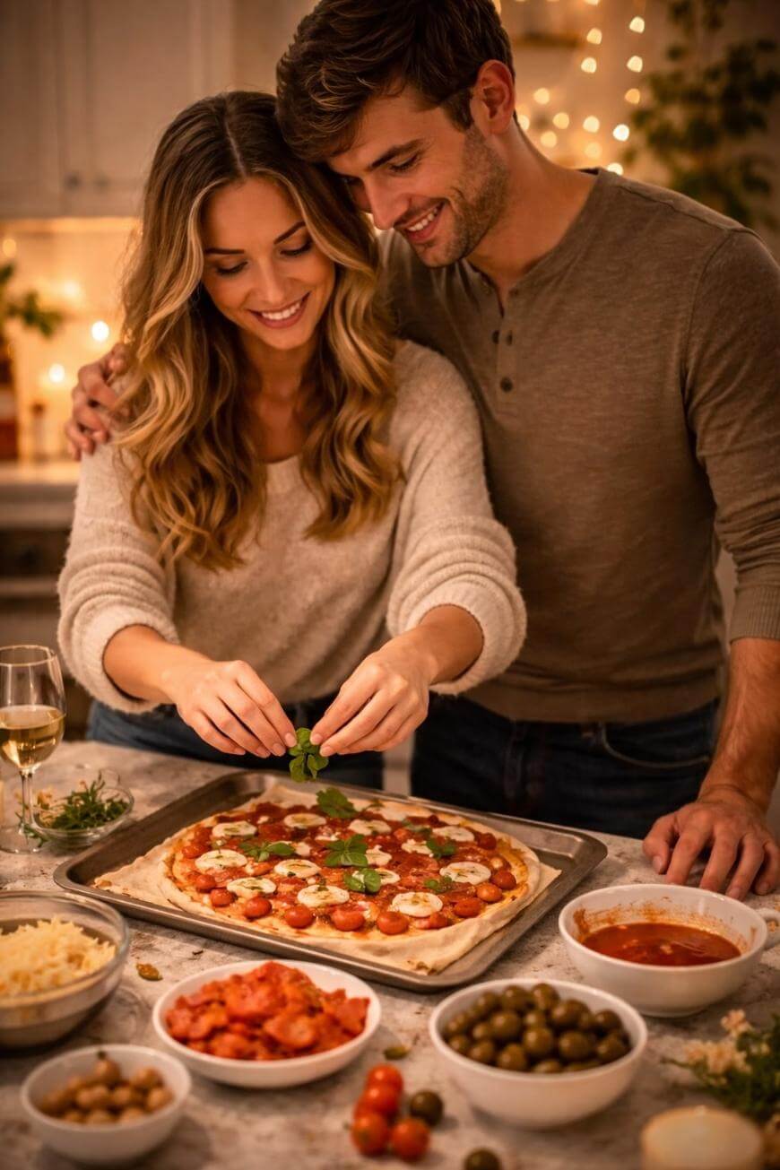 A smiling couple prepares a homemade pizza together in a cozy kitchen, adding fresh herbs. Various pizza toppings, cheese, tomatoes, and wine are spread on the counter. Warm lights create a festive, intimate atmosphere.