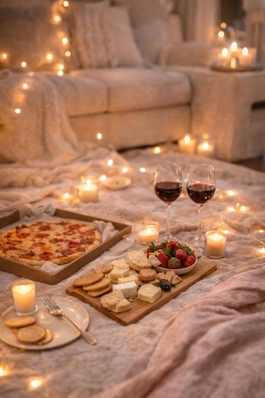 A cozy indoor picnic setup with a pizza, cheese and crackers, strawberries, two glasses of red wine, and lit candles on a blanket, with string lights and a sofa in the softly lit background.