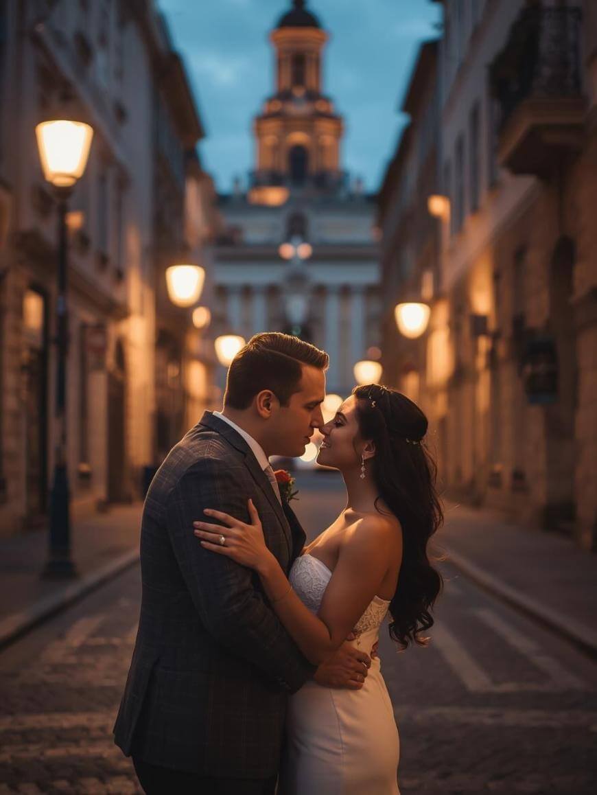 A couple dressed in wedding attire embraces and gazes into each other’s eyes on a cobblestone street at dusk, with soft streetlights and a historic building blurred in the background.