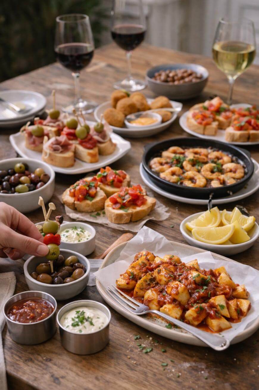 A wooden table set with various Spanish tapas, including olives, patatas bravas, bruschetta, shrimp, croquettes, dipping sauces, lemon wedges, and glasses of red and white wine. A hand holds a skewer with olives and cheese.