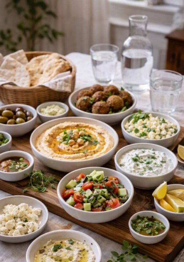 A table set with assorted Mediterranean dishes including hummus, falafel, pita bread, tzatziki, Greek salad, olives, feta cheese, lemon wedges, and glasses of water.