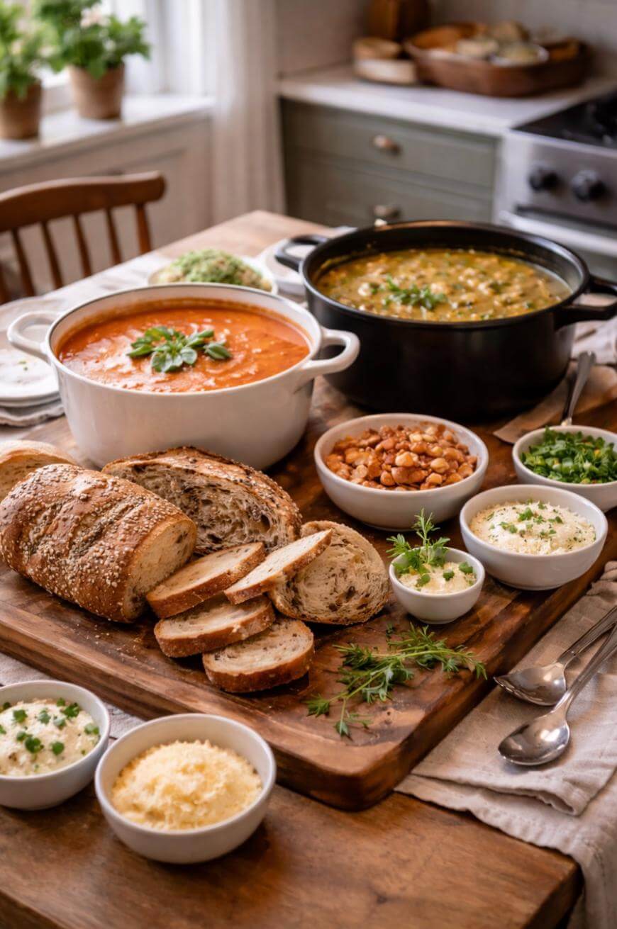 A rustic kitchen table set with sliced bread, two pots of soup (one creamy tomato and one vegetable), and bowls of cheese, beans, dips, and herbs, surrounded by kitchenware and potted herbs in the background.