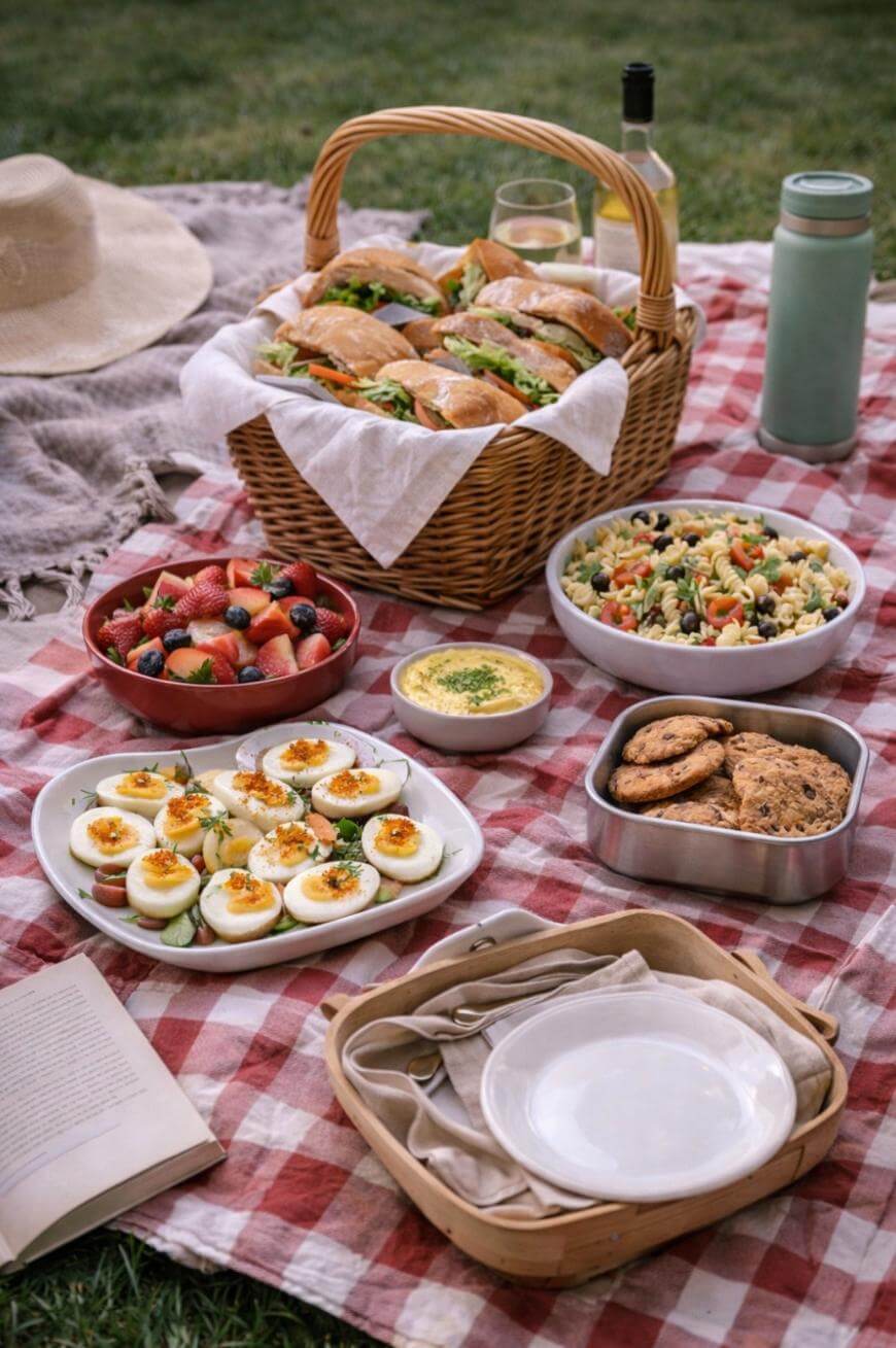 A picnic setup on a red-and-white checkered blanket with a basket of sandwiches, deviled eggs, cookies, pasta salad, fruit salad, hummus, plates, an open book, a hat, a water bottle, and wine.