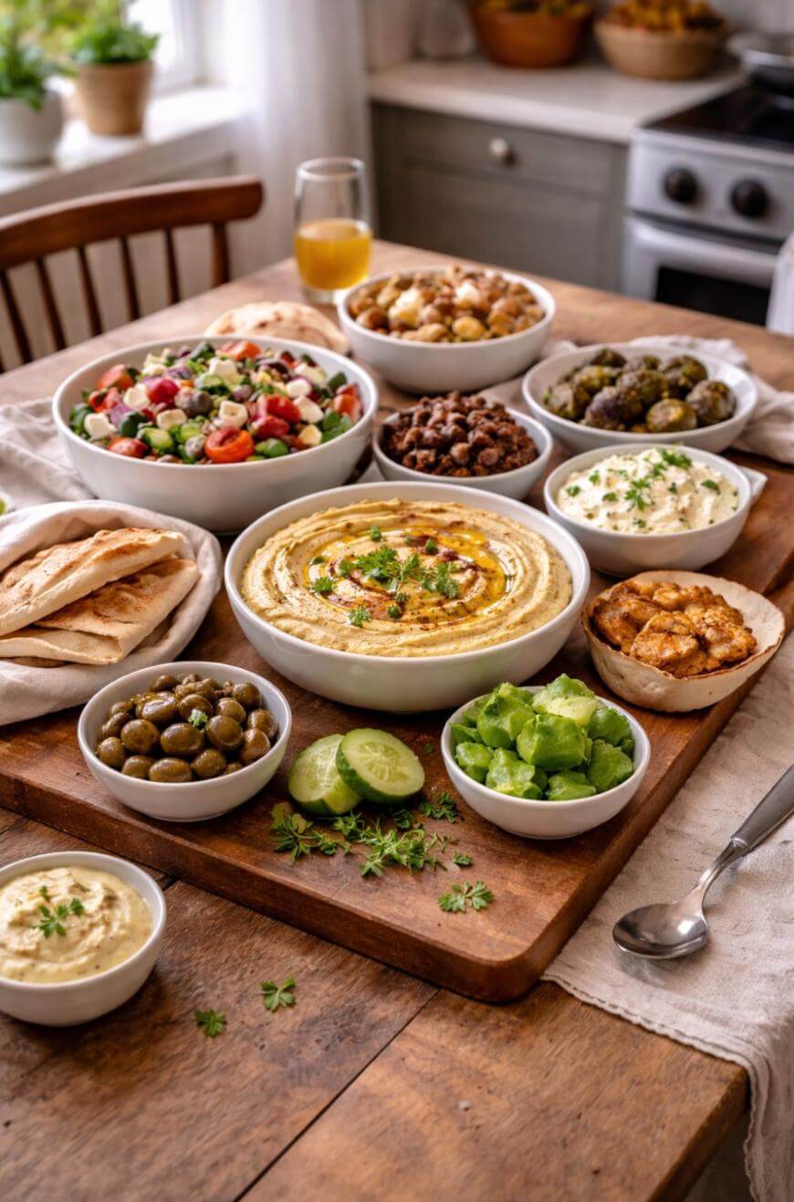 A wooden table with bowls of hummus, olives, falafel, salad, pita bread, cucumbers, and dips. Mediterranean food is arranged for a meal in a bright kitchen.