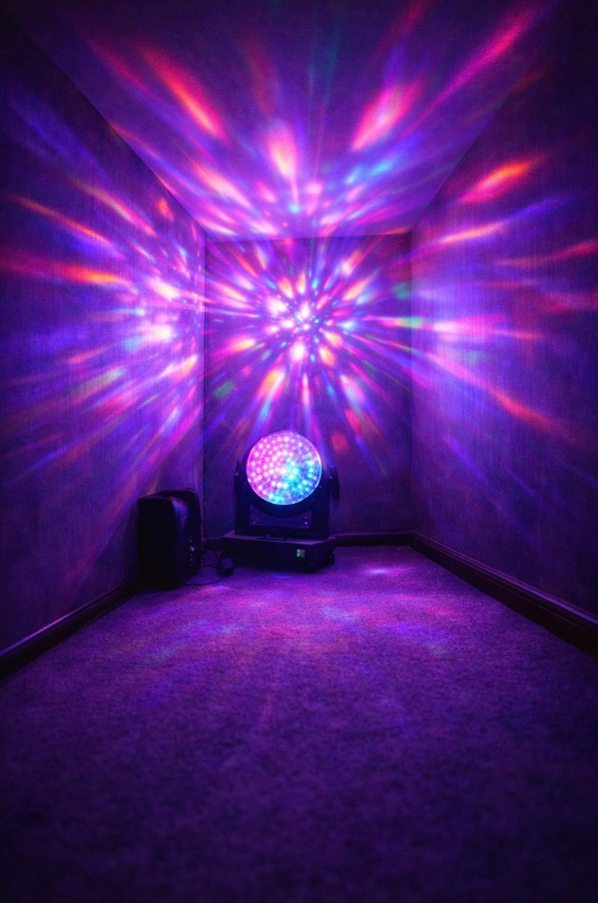 A disco light projector on the floor of a narrow, empty room casts vibrant purple, blue, and pink light patterns in all directions across the walls and ceiling.