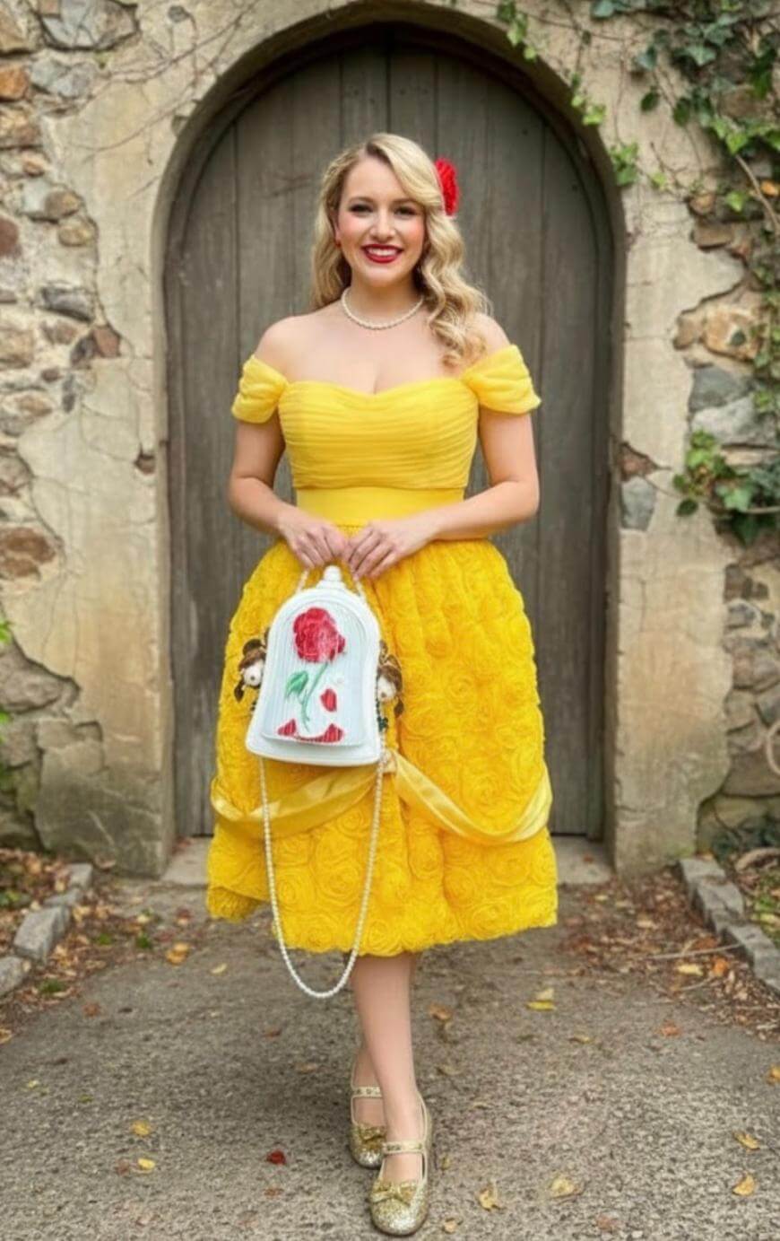 A woman in a yellow, off-the-shoulder dress stands smiling in front of a rustic wooden door. She holds a Beauty and the Beast-themed purse and wears gold shoes, with her hair styled in soft waves and adorned with a red flower.