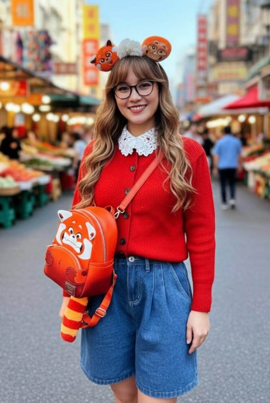 A woman with long hair, glasses, and a red sweater smiles in a market. She wears denim shorts, a white lace collar, and a headband with cartoon animal faces. She carries a matching cartoon backpack with a striped tail.