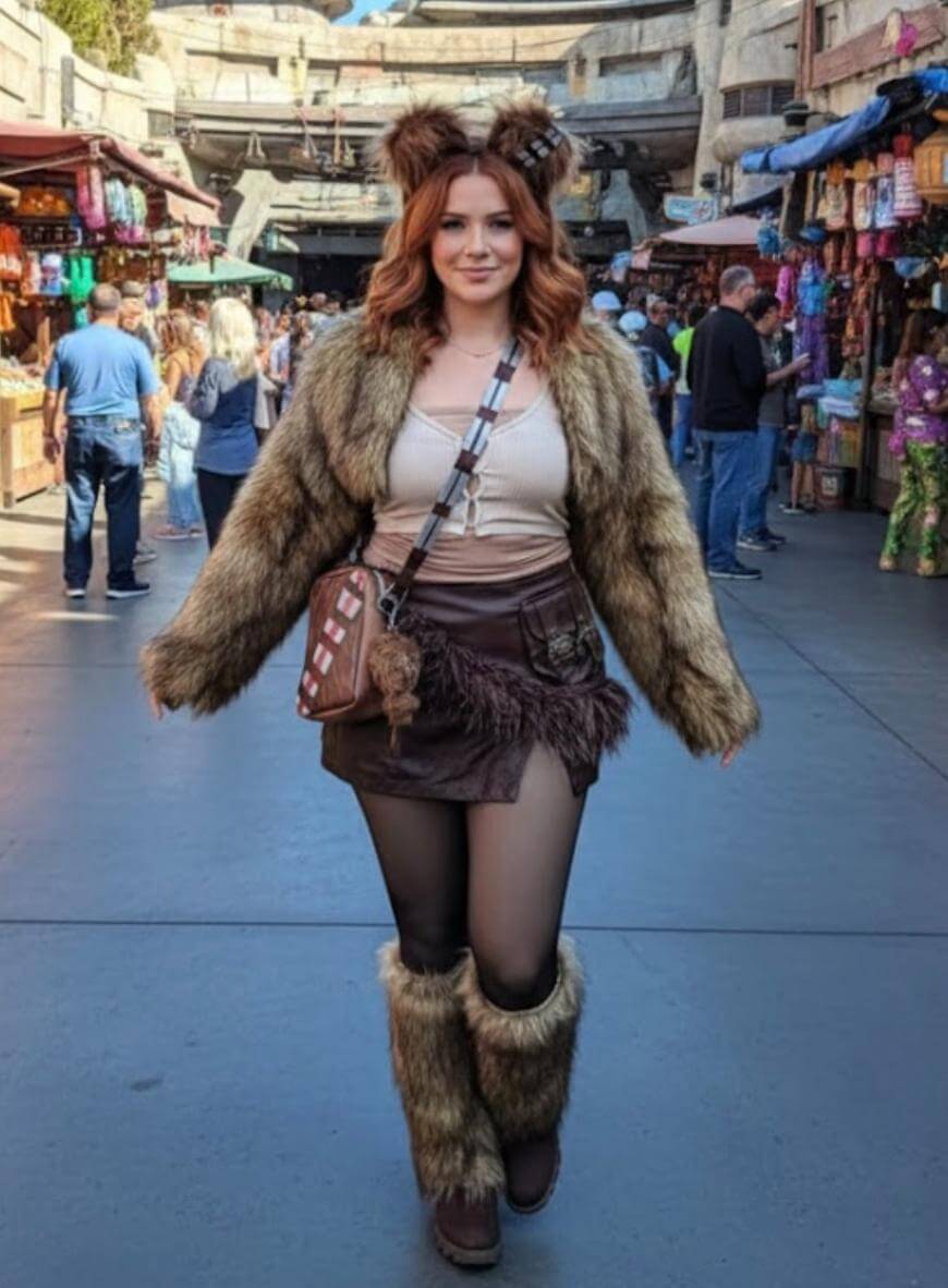 A woman wearing a furry brown Ewok-inspired costume, including ears, a fuzzy jacket, skirt, leg warmers, and a crossbody bag, walks confidently in an outdoor market area with people and shops in the background.