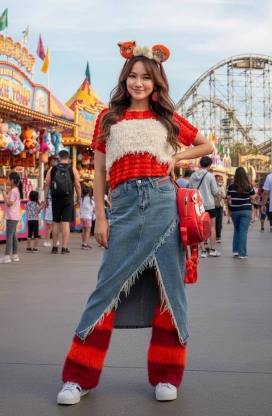 A smiling young woman at an amusement park wears a red and white fuzzy top, a long denim skirt with a front slit, red and white furry leg warmers, white sneakers, an animal ear headband, and carries a red backpack.