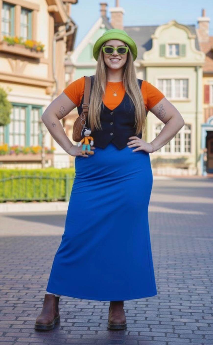 A woman stands smiling outdoors, wearing a green hat, green sunglasses, orange shirt, black vest, long bright blue skirt, and brown shoes. She carries a brown bag with a small plush toy attached. The background shows colorful buildings.