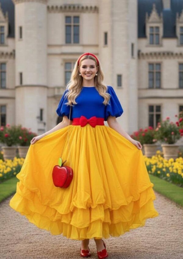 A woman in a Snow White-inspired outfit with a blue top, yellow ruffled skirt, red headband, red bow belt, red shoes, and an apple-shaped purse stands smiling in front of a castle and gardens.