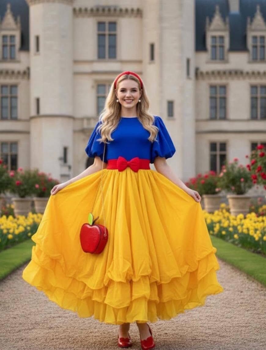 A woman in a Snow White-inspired outfit with a blue top, yellow ruffled skirt, red headband, red bow belt, red shoes, and an apple-shaped purse stands smiling in front of a castle and gardens.