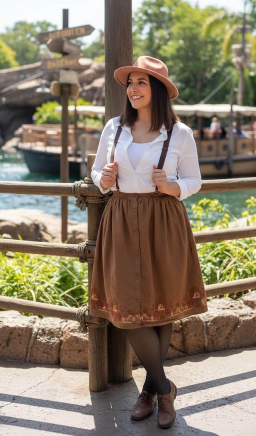A woman in a brown skirt with suspenders, white blouse, and pink hat smiles while standing outdoors near a wooden post and fence. A river and a boat are in the background on a sunny day.