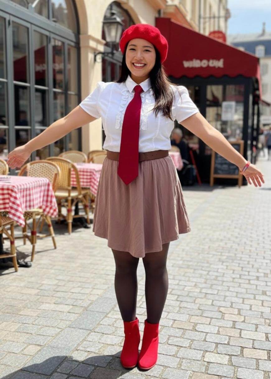 A woman stands smiling with arms outstretched on a cobblestone street, wearing a red beret, red tie, white blouse, brown skirt, black tights, and red ankle boots. Outdoor café tables with red-checkered cloths sit behind her.