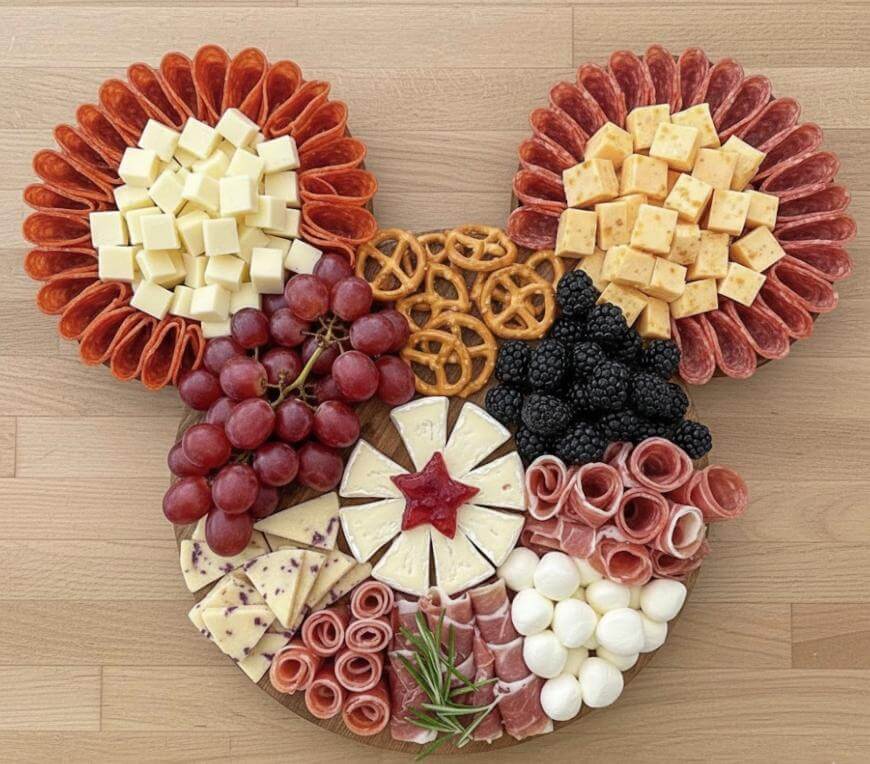 A charcuterie board arranged in the shape of Mickey Mouse, featuring cubes of cheese, salami, grapes, pretzels, blackberries, mozzarella balls, rolled meats, rosemary, and assorted sliced cheeses.