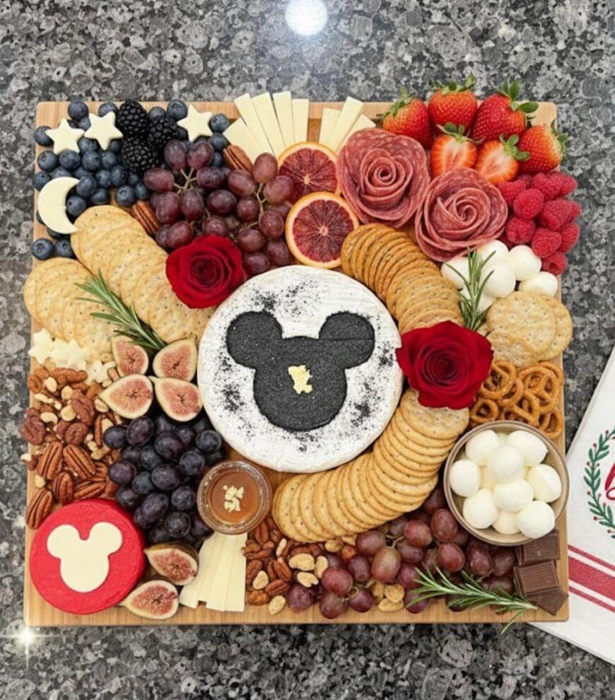 A charcuterie board with cheeses, crackers, berries, figs, grapes, nuts, pretzels, and a round cheese dusted with a Mickey Mouse silhouette, surrounded by red roses and shaped food items, on a granite countertop.