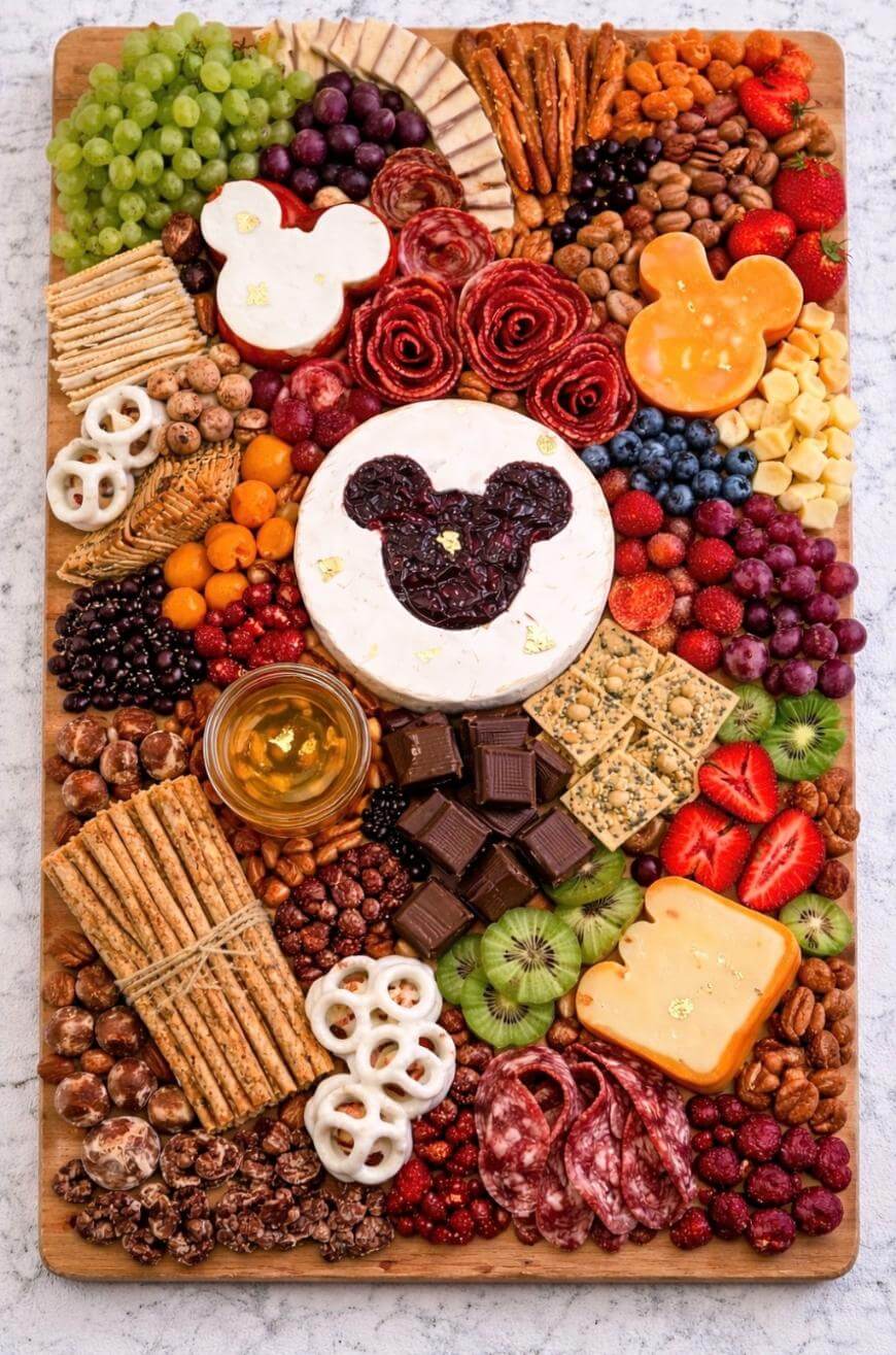 A colorful charcuterie board featuring crackers, fruits, nuts, chocolates, meats, cheese slices, and a round cheese topped with a jam Mickey Mouse shape. Other cheese slices are shaped like Mickey Mouse faces.