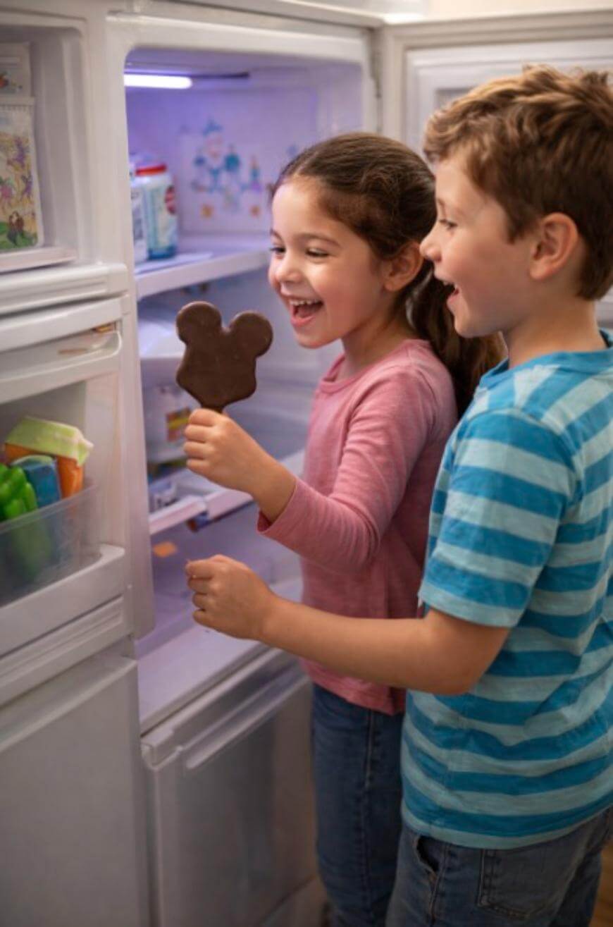 Two young children smiling as they stand in front of an open refrigerator; the girl holds a chocolate ice cream shaped like Mickey Mouse, while the boy looks on excitedly.