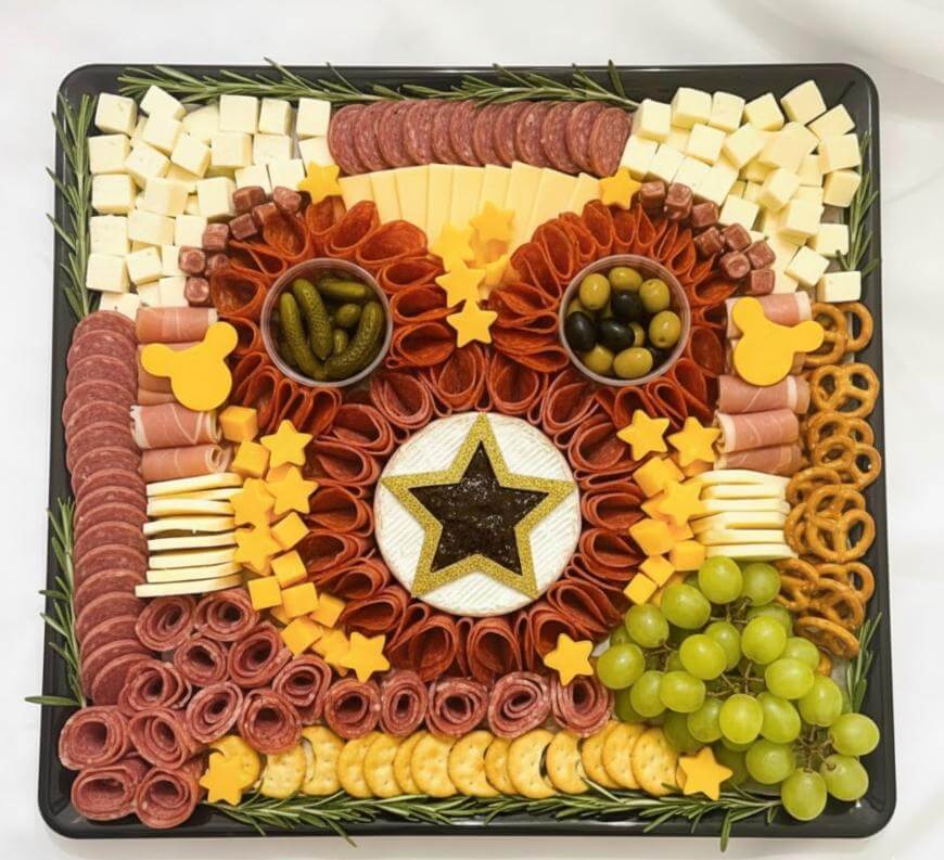 A square charcuterie board with arranged meats, cheeses, olives, grapes, crackers, pretzels, and pickles, featuring star-shaped cheese and a central cheese wheel with a star decoration, garnished with rosemary.