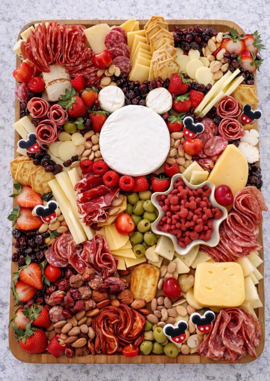 A charcuterie board with assorted cheeses, meats, nuts, strawberries, olives, crackers, and dried fruit. In the center is a round cheese wheel, and small Mickey Mouse-shaped decorations are placed throughout.